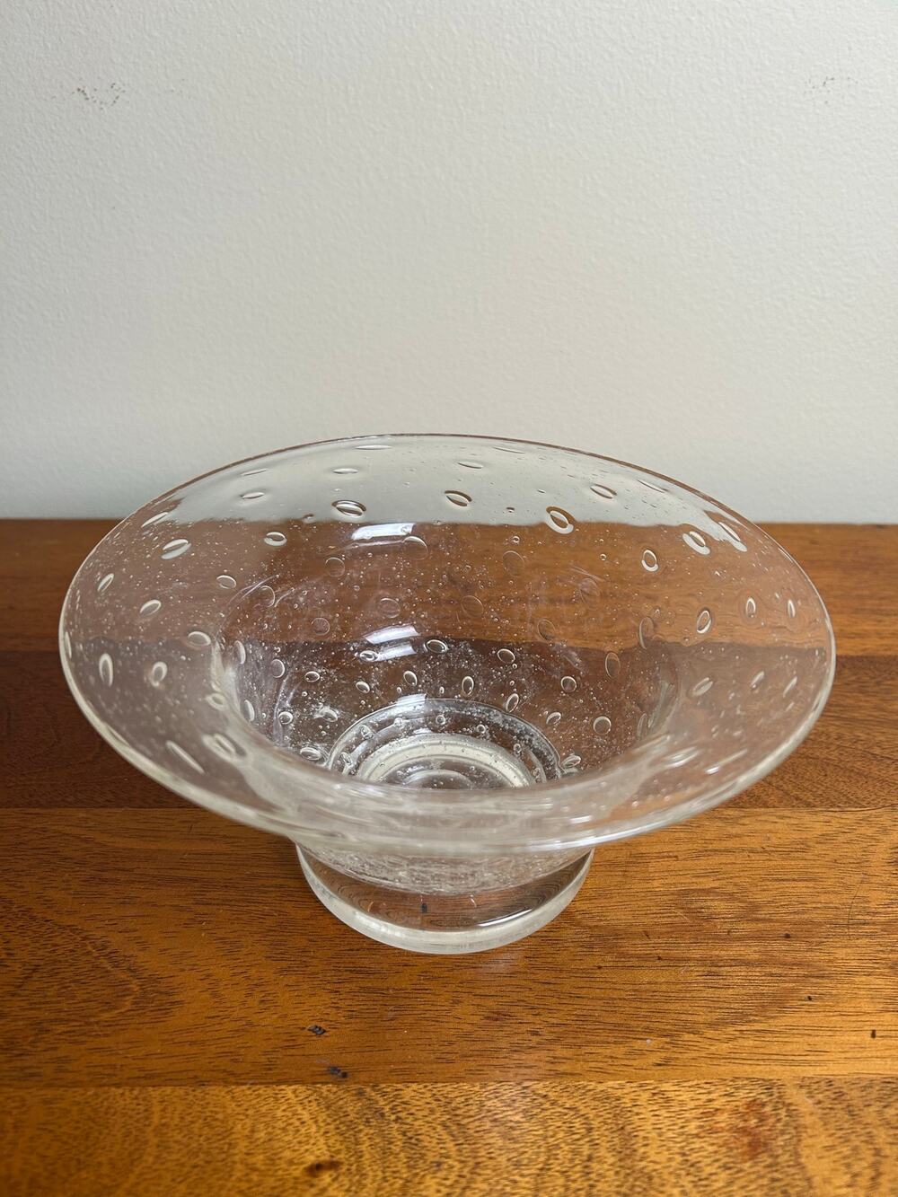 Vintage Hand Blown Art Glass Footed Bowl with Controlled Bubbles